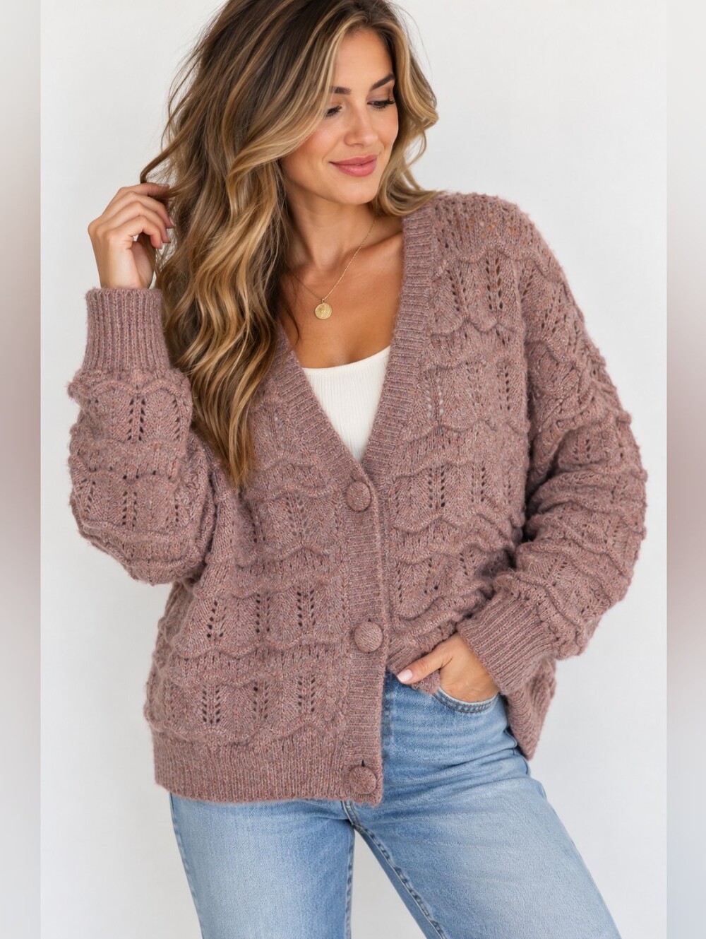 EsQualo Mauve Alpaca Blend Textured Open Knit Button Cardigan Sweater